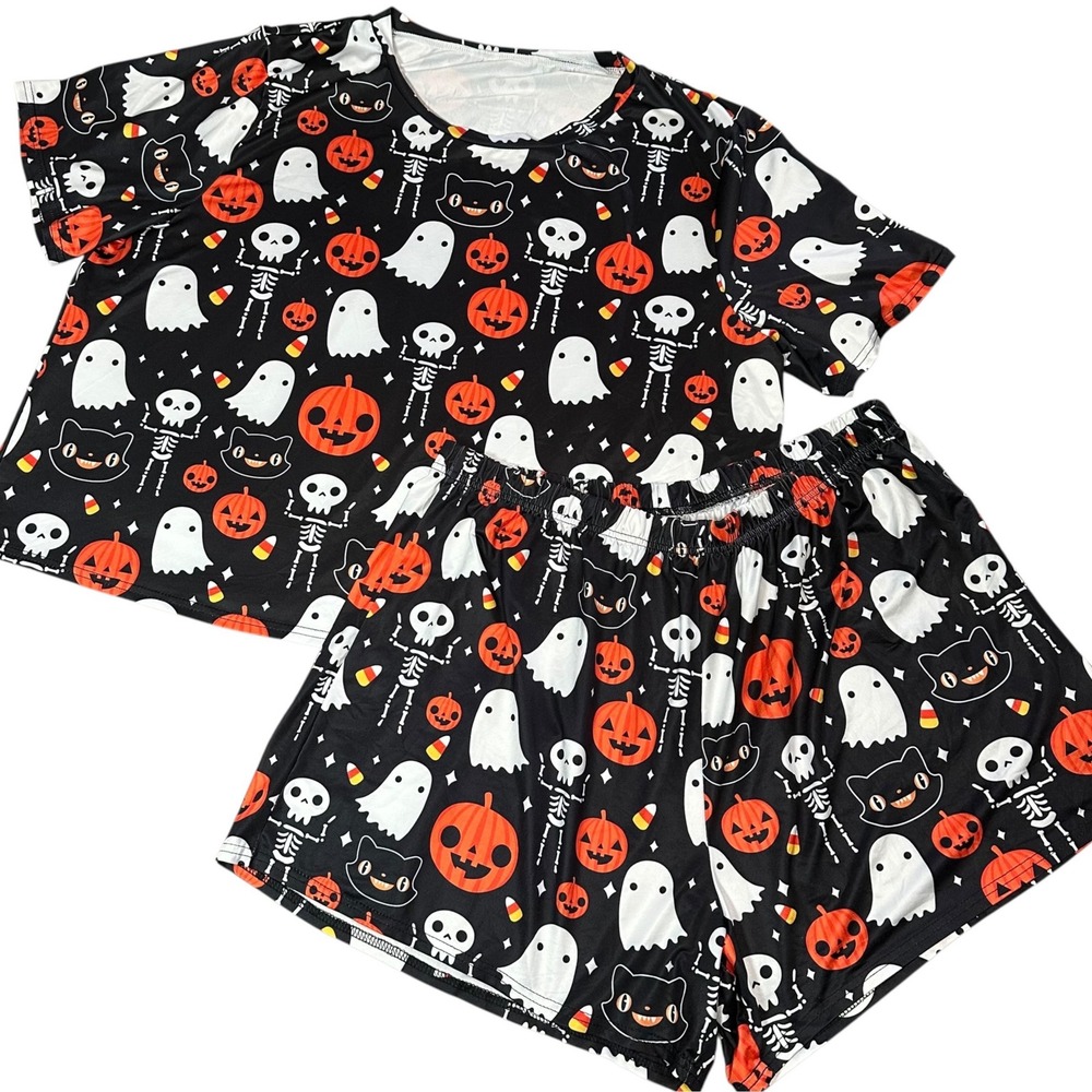SHEIN Curve Pajama Set Women 3XL Black NWOT Halloween Trick or Treat Loungewear